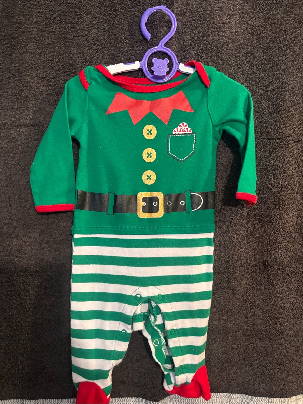 Holiday Time Green & White Elf Stripe Baby Footie with Red Trim